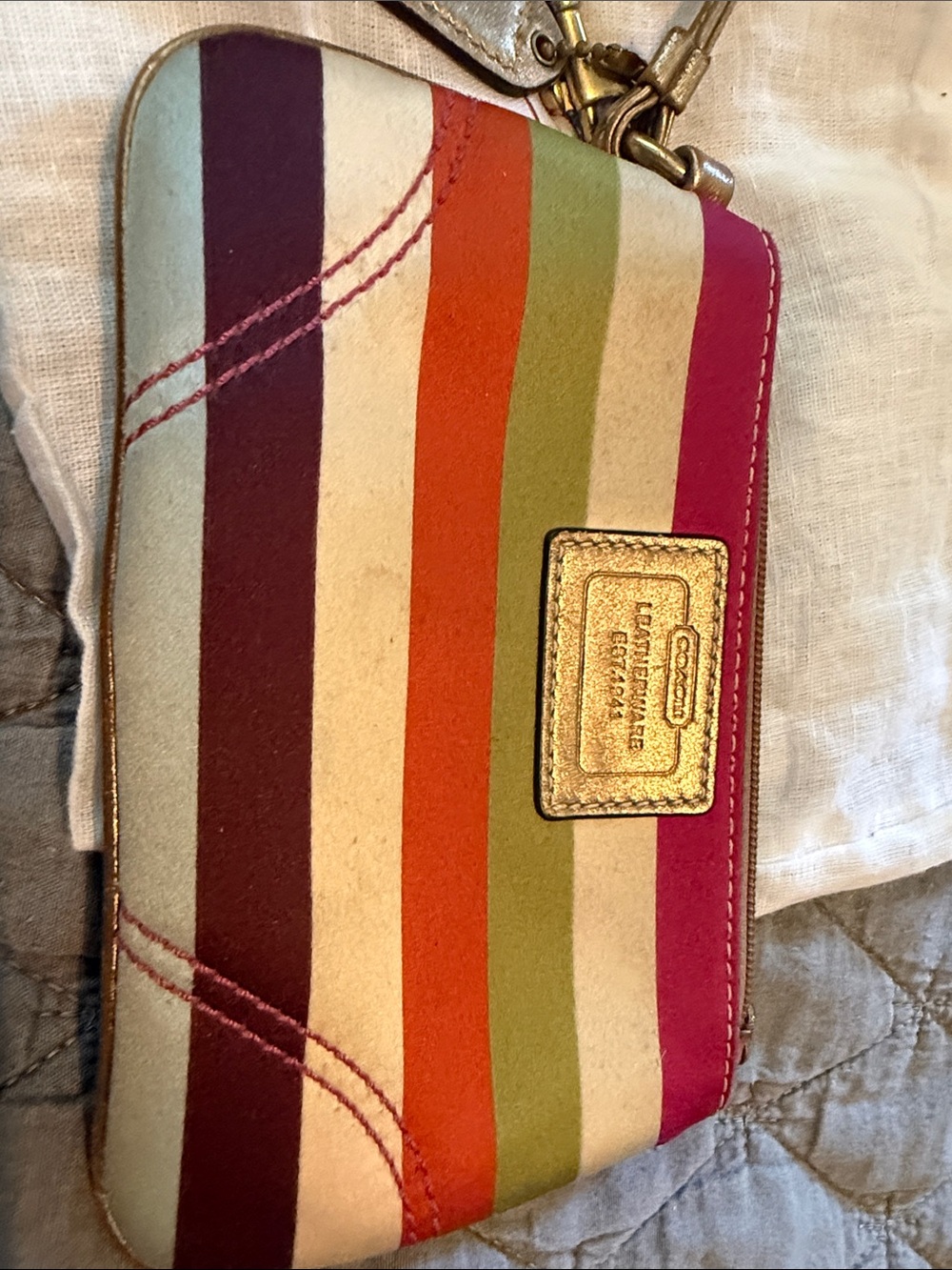 Coach Multicolor Stripe Wristlet with Gold Plaque